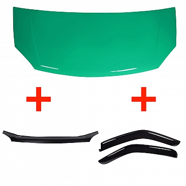 Капот зеленый (Кипр) + Дефлектор капота черный (мухобойка) + Дефлекторы (ветровики) боковых стекол черные (Газель Некст)